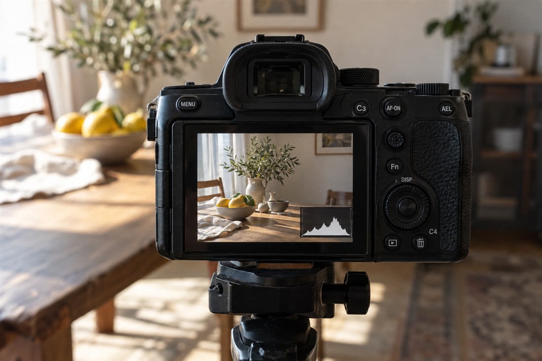 Rear camera screen displaying a still life with a luminance histogram in the corner