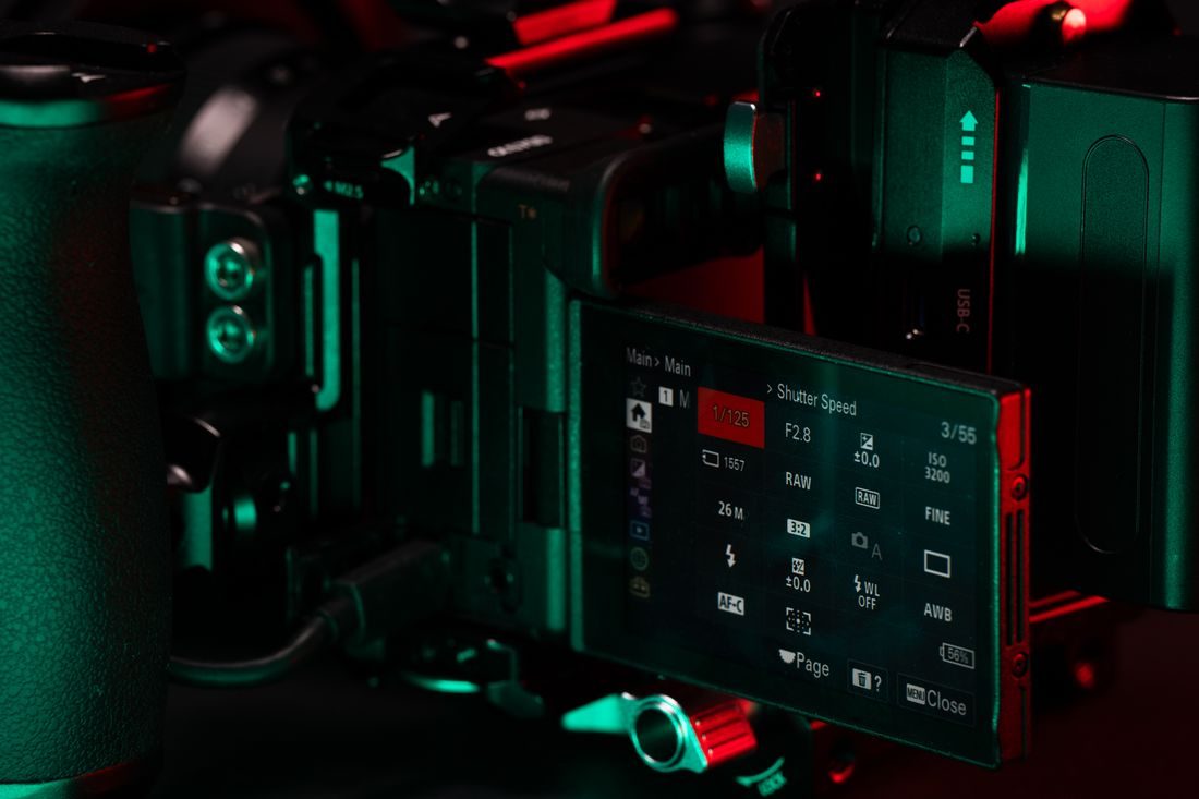 The settings display on a professional video camera.