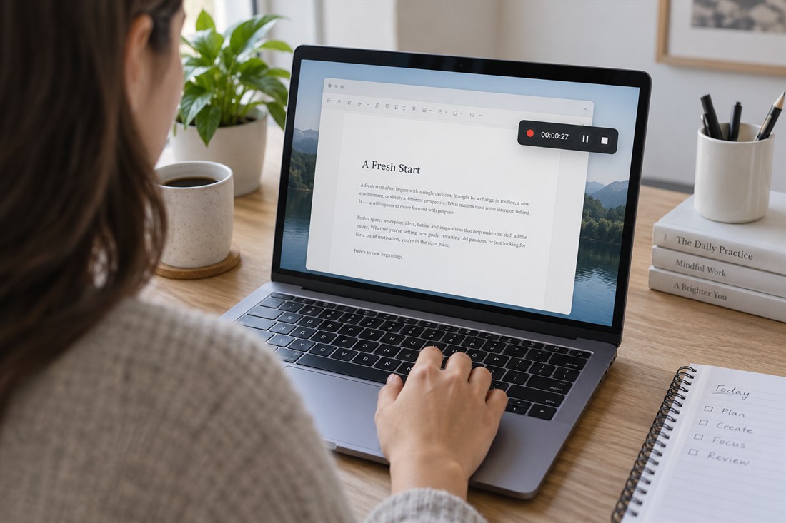 Creator using a laptop with a document and an active screen recording toolbar