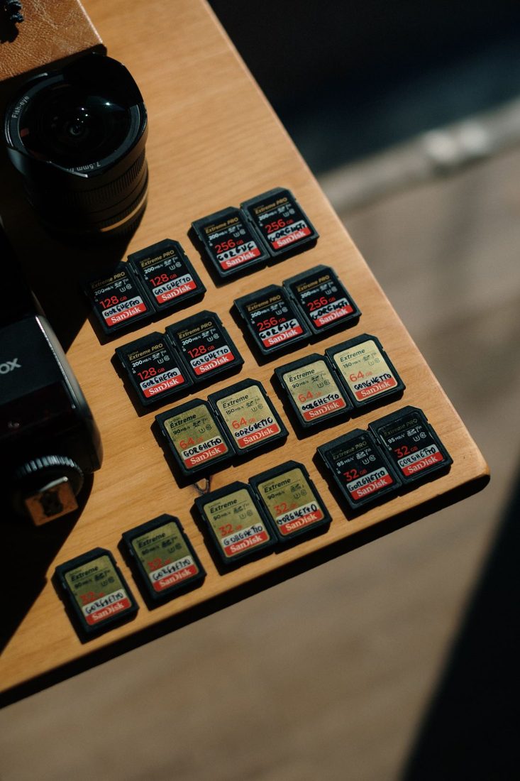 Memory cards arranged beside a camera lens.