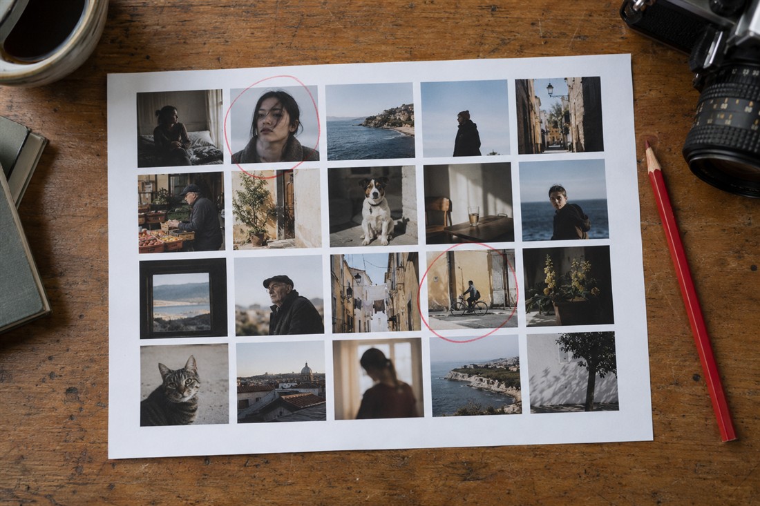 Printed contact sheet with a grid of photographs and two selected frames circled in red
