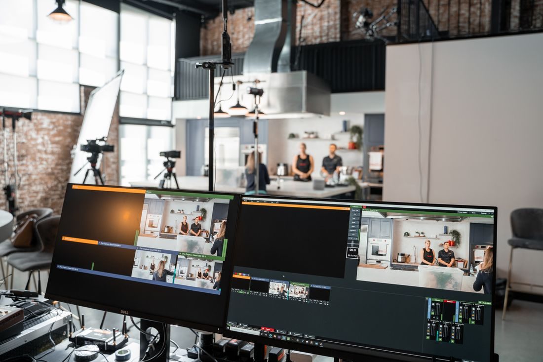 Two video production monitors showing different views.